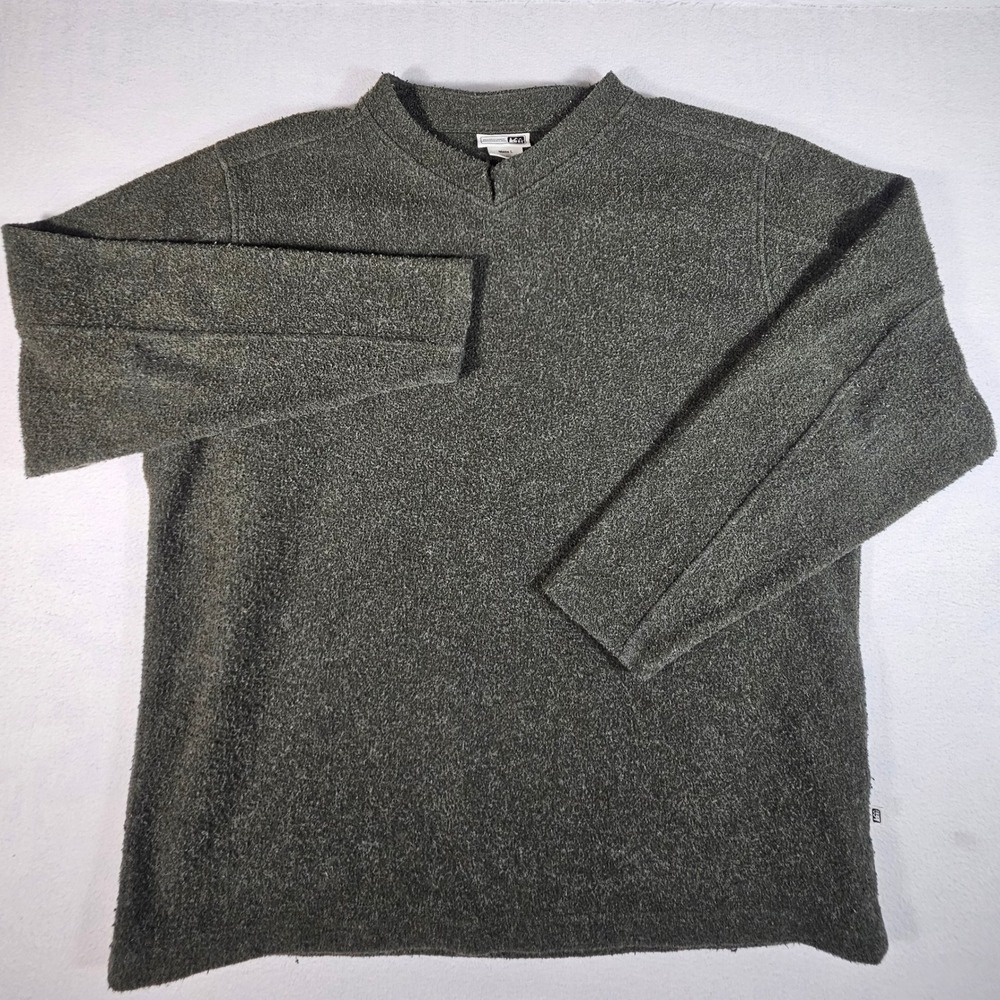REI Mens Vintage Fleece Pullover Sweater Olive Green V-Neck‎ Made in USA Large
